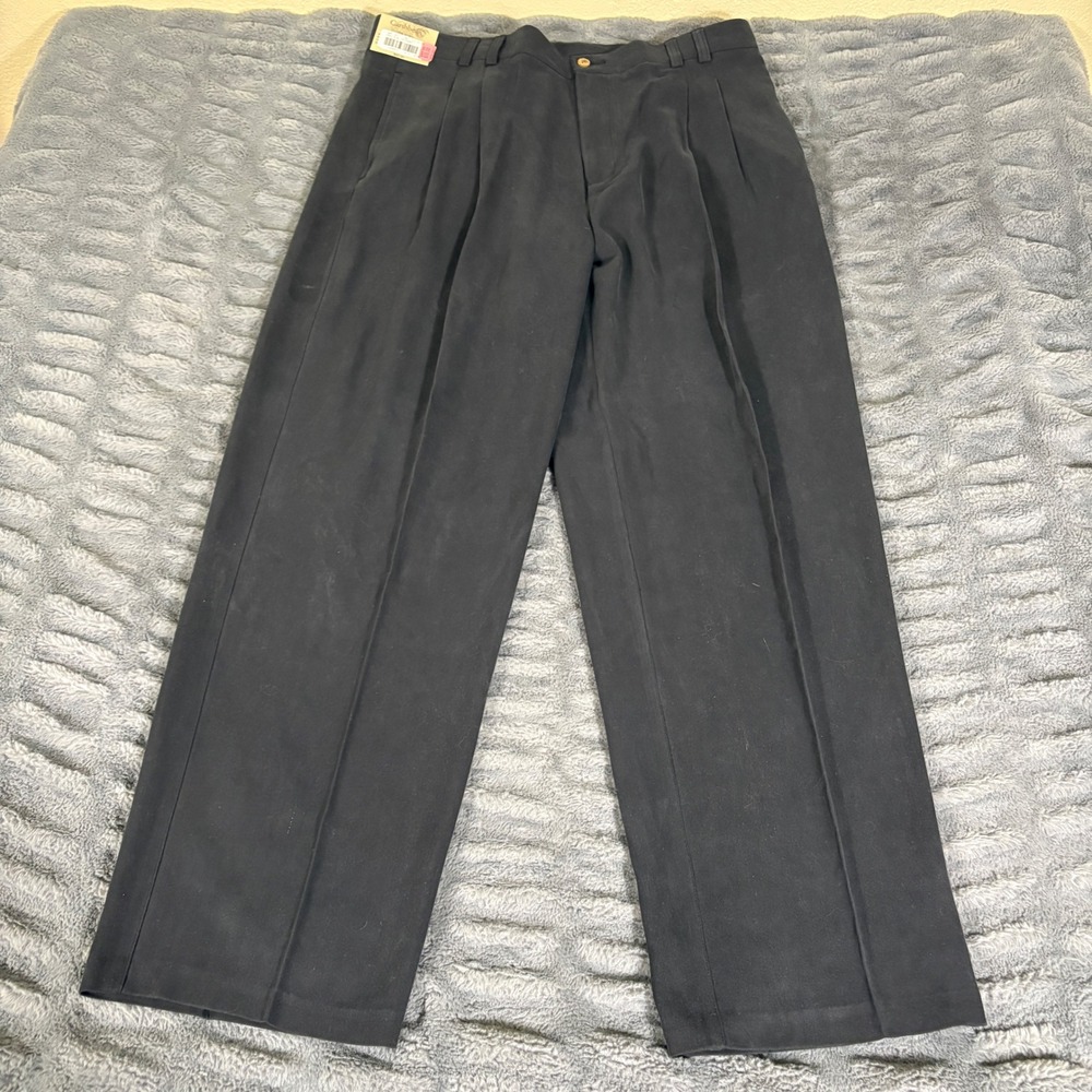 Caribbean Mens 100% Silk Herringbone Pleated Relaxed Pants Black 38x32 NWT